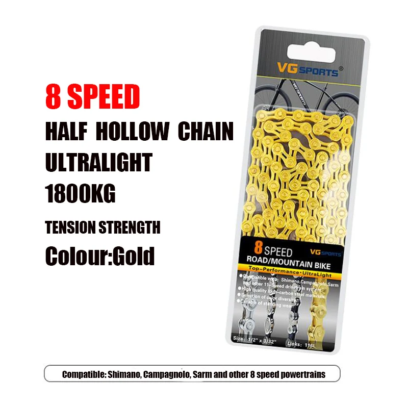 8 speed Gold VG Sports 8 9 10 11 цепь для скоростного велосипеда Серебряная полуполая велосипедная цепь для горного велосипеда полые цепи сверхлегкие 116л золотые - Цвет: 8 speed Gold