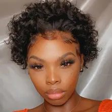 Beeos-peluca corta con rulos de corte Pixie 250%, 4x4, pelucas de cabello humano brasileño Remy, cabello humano de 8 pulgadas prearrancado con pelo de bebé