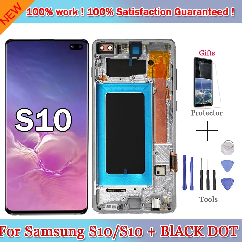 

1440*3040 Super Amoled LCD With Frame For SAMSUNG Galaxy S10 S10+ G9730 G9750 Display Touch Screen Digitizer Assembly+Small Spot