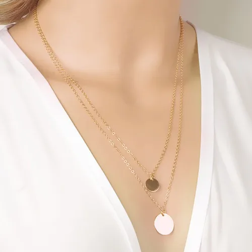 

Round Sequins Gold Coin Pendant Necklaces Double Chain Layered Model for Women Statement Necklace Jewelry