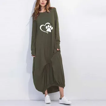 

Plus Size Batwing Cute Cotton Maxi Dresses Big Size Loose Autumn Long Dress 5XL 2019 New Fashion Love Dog Paw Print Dress Women
