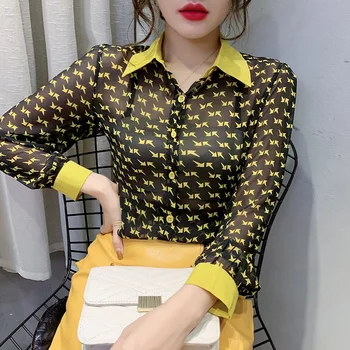 

2020 Autumn Clothes Printing Contrast Chiffon Shirt Long Sleeve Backing Shirt Slim Fit Top Female
