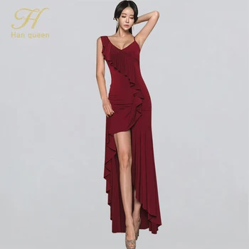 

H Han Queen Spring Sleeveless Long Evening Party Dress Fashion Sexy Ruffles Vintage Dresses Korean Slim Split Sheath Vestidos