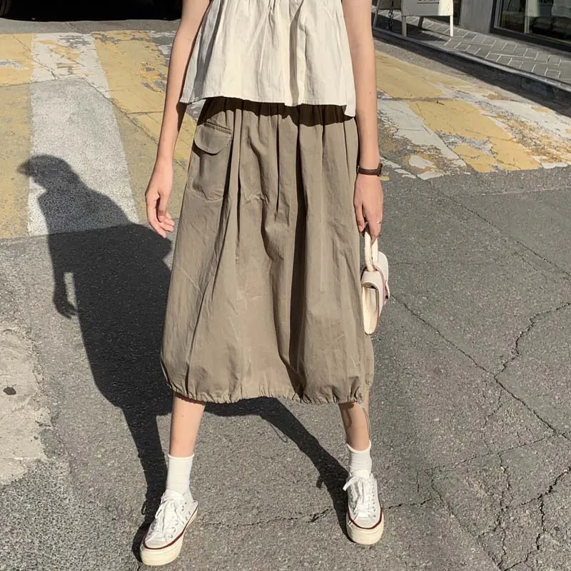 

2019 Summer New Style CHIC Wind Versitile Fashion Solid Color High-waisted Slimming Drawstring A- line Bib Skirt Half-length