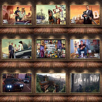 Grand Theft Auto V vídeo juego GTA 5 cartel impreso cuadro sobre lienzo para pared para sala de estar rollo colgante de madera maciza decoración del hogar
