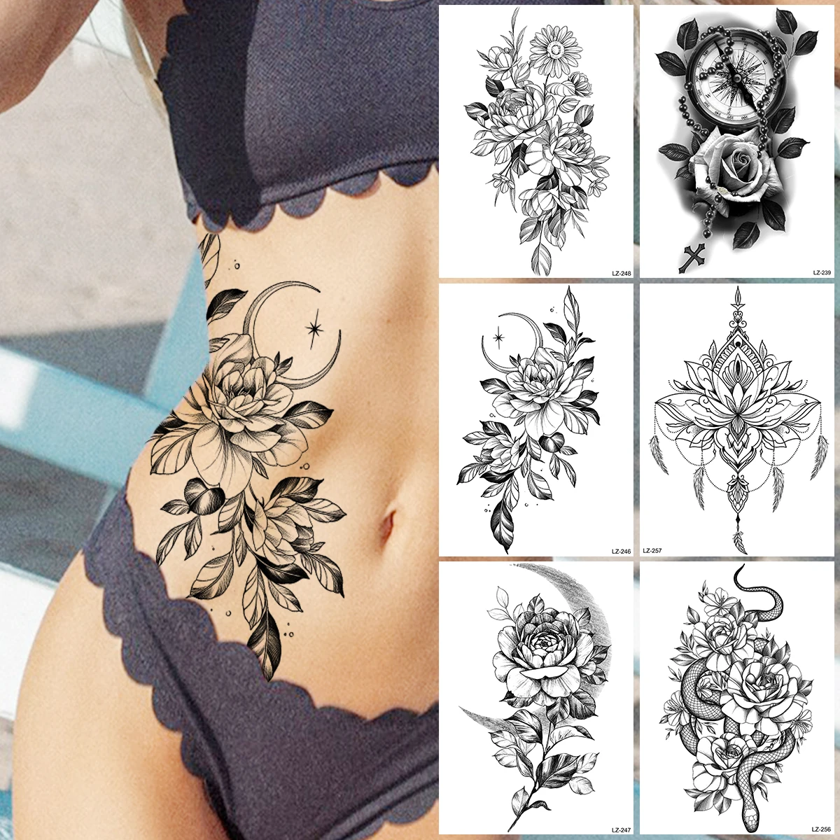 Tatuagem temporária à prova dwaterproof água etiqueta preta hena laço  arabian lotus totem flor flash tatoo mulher dedo arte do corpo falso tatto  - AliExpress