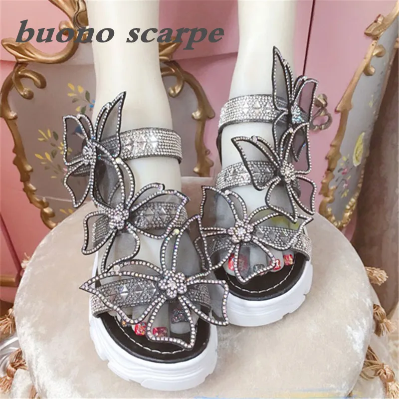 Premium handmade custom diamond-encrusted black butterfly platform sandals with a word band dream fairy princess | Обувь