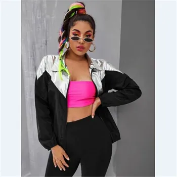

Women Autumn Sport Black Silver Stitching top Zipper Punk Loose Coat Jacket Tops