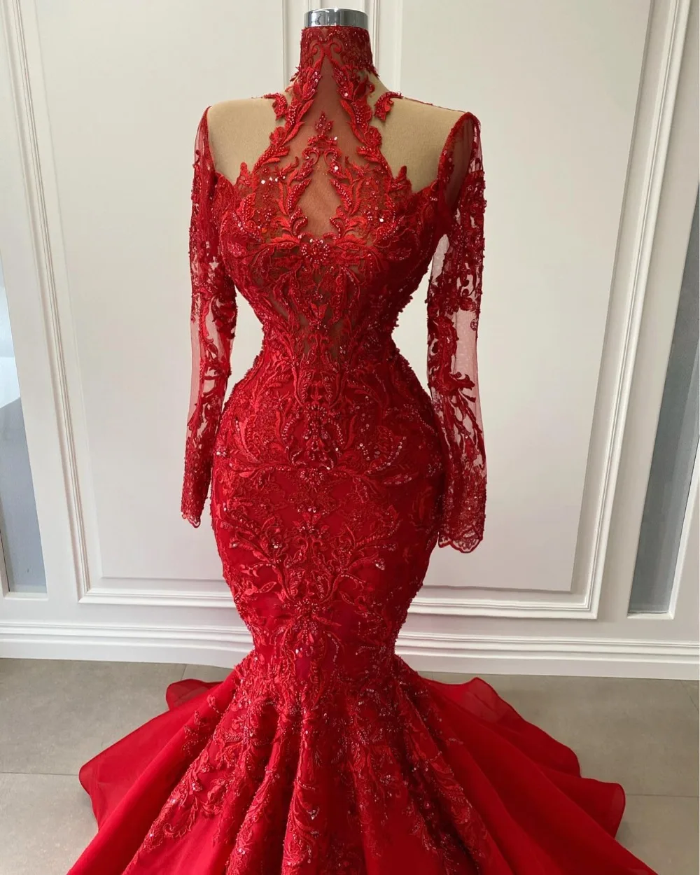 Modest Red Lace Mermaid Evening Dresses 2022 Real Image Appliques Beaded Long Prom Gowns With Full Sleeves Formal Party Dress evening gowns