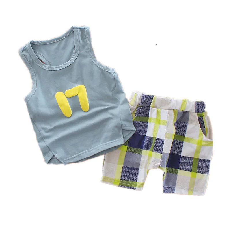 

Summer Children Cotton Outing Clothes Baby Boy Numeral O-Neck Vest Plaid Shorts 2Pcs/sets Infant Kids Fashion Toddler Tracksuits