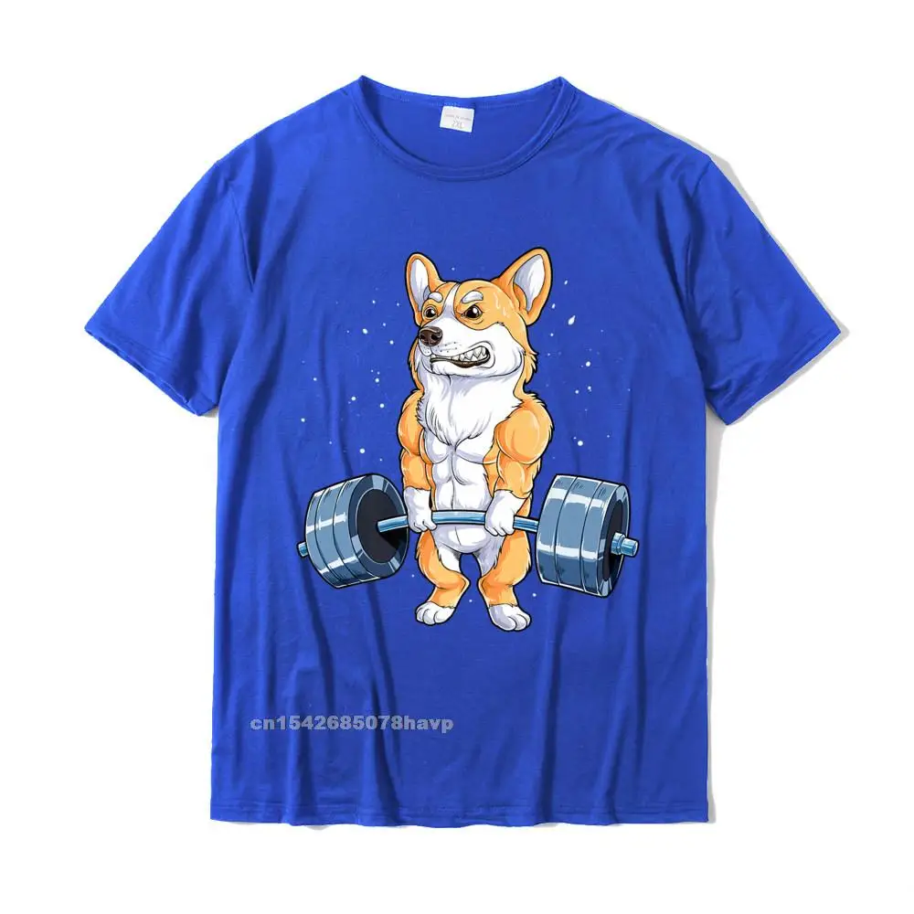 2021 Popular Printed Summer T Shirt O-Neck 100% Cotton Men Tops Shirts Short Sleeve Summer/Fall Summer T Shirt Corgi Weightlifting Funny Deadlift Men Fitness Gym Workout Premium T-Shirt__2232. blue