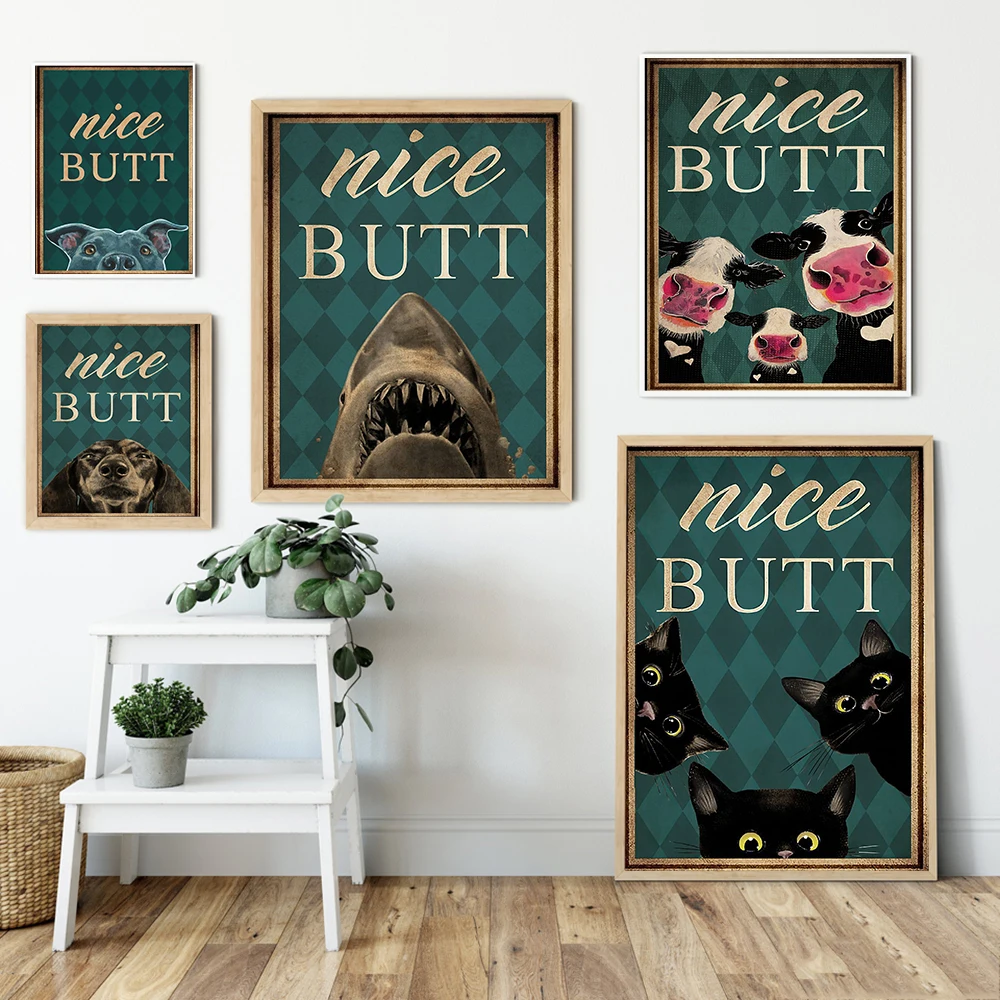 

Funny Bathroom Metal Black Cat Shark Cows Dog Vintage Canvas Painting Posters And Prints Wall Picture For Living Room Decoration