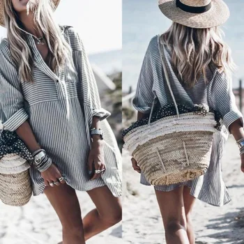 

Ebay speed sell pass 2019 autumn cross-border hot style stripe long sleeve lapel pocket add long shirts from stock