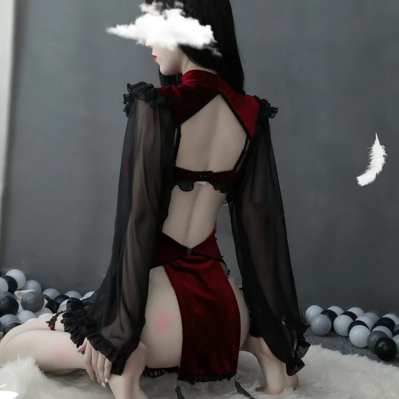 Dark Retro Witch Sexy Hollow Silk Sleeve Cheongsam Sexy Lingerie Set Witch Tight Game Wear Bandage Performance Costume