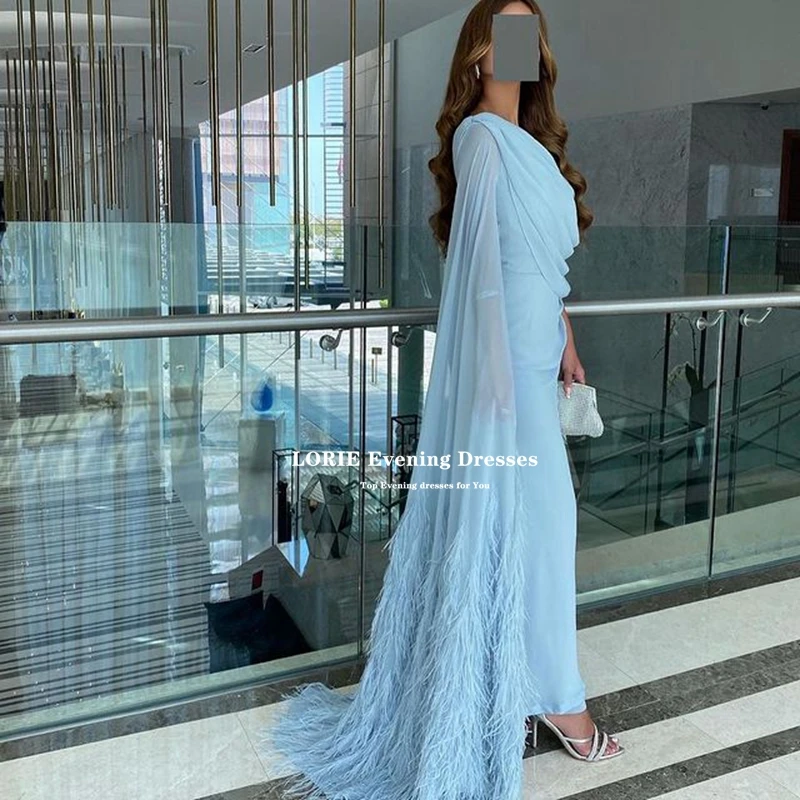 LORIE Sky Blue Chiffon Long Prom Dresses Cap Sleeves With Long Feather Brush Mermaid Evening Gowns Sexy Formal Party Dress