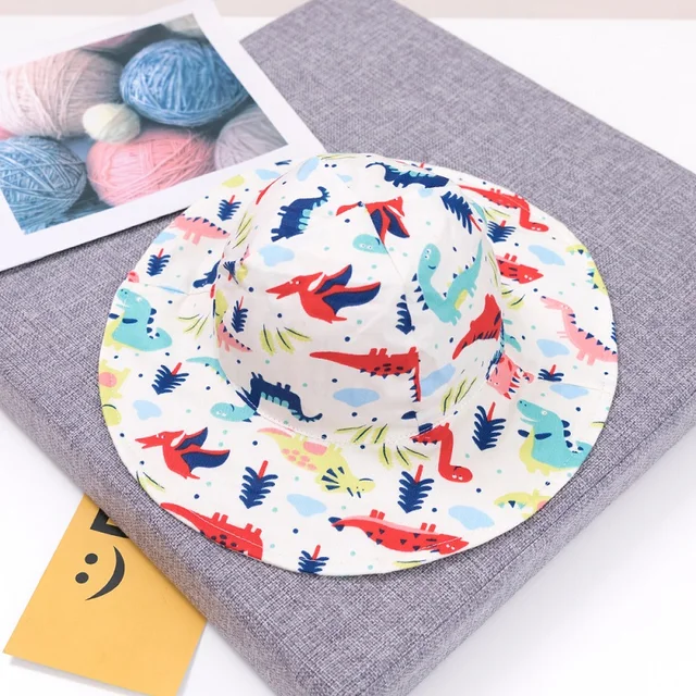 Summer Children Cotton Cartoon Bucket Cap For Boys Printing Floral Baby Girls Sun Hat Flower Kids Bonnet white dinosaur