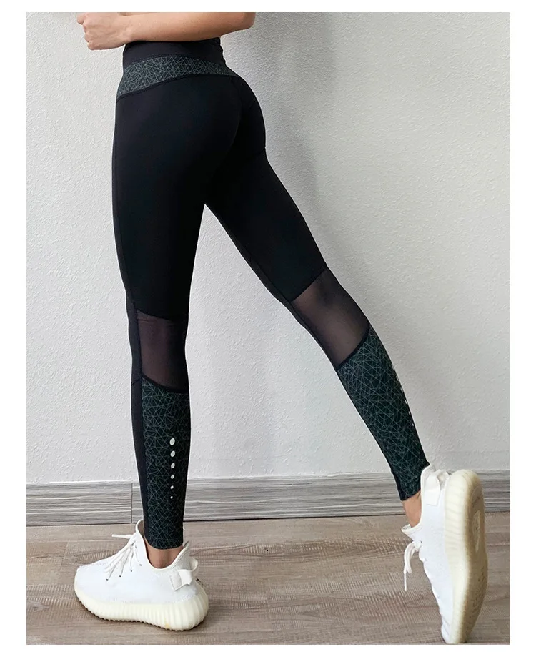 Night Running Pants Women Reflective Yoga Pants Net Yarn Patchwork Fitness Leggings High Waist Running Quick-Drying Sports Pants