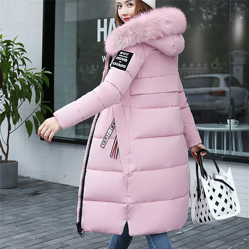 Женское однотонное повседневное плотное зимнее тонкое пуховое пальто Lammy, Женское пальто средней длины с большим меховым воротником, утепленный хлопковый костюм
