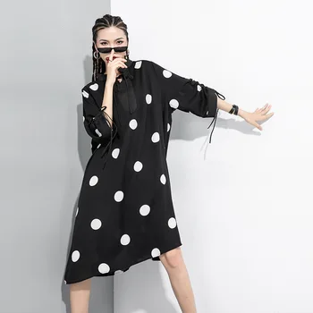

LANMREM 2020 Summer chiffon polka dot printting pullover dresses famale loose new personalized irregular bandage sleeve YJ289