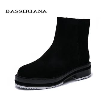 

BASSIRIANA2019 leather shoes women's winter boots black suede rubber sole women shoes high quality