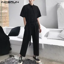 INCERUN, модный мужской комбинезон-карго, Свободные Комбинезоны для бега, короткий рукав, однотонный пояс, уличная одежда, штаны, повседневный мужской комбинезон, S-5XL