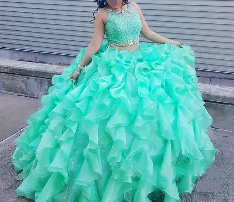 

Two piece Lace Turquoise Quinceanera Dresses With Beaded Crystal Organza Ball Gown Sweet 16 prom Dresses vestidos de 15 anos