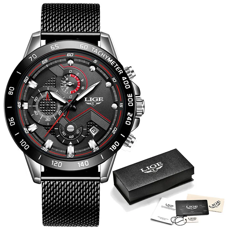 Silver black LIGE новые модные мужские часы с нержавеющей сталью, Топ бренд, роскошные спортивные кварцевые часы с хронографом, мужские часы - Цвет: Silver black