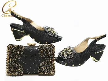 

Black Color Big Crystal African Lady Sandals with Matching Bags Italian Women Pointed Toe Shoes and Bag To Match for PartY