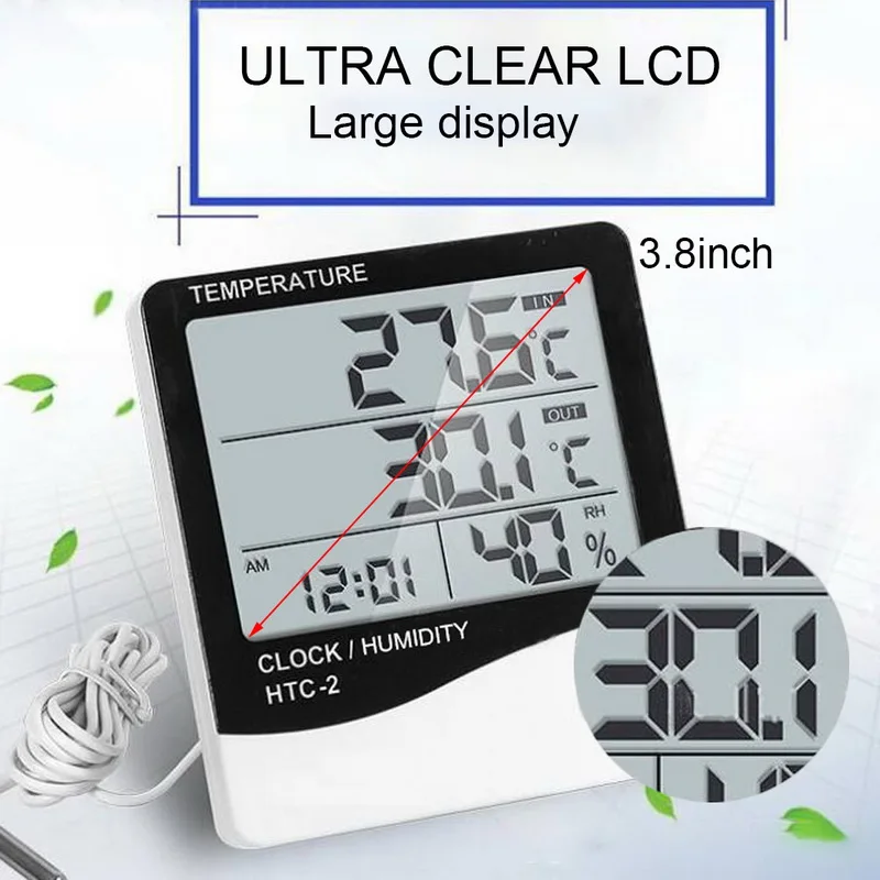 

Junejour LCD Digital Temperature Humidity Meter Home Indoor Outdoor hygrometer thermometer Weather Station with Clock
