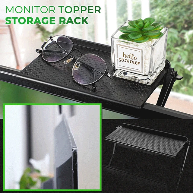 Extra storage and organization solution for computer monitor or TV screen, with adjustable stand for mobile phones and tablets