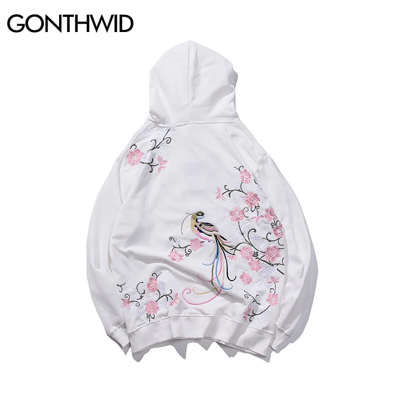GONTHWID Harajuku Вышивка Цветы птицы толстовки осень мужские хип хоп хипстерский свитер толстовки с капюшоном уличная топы