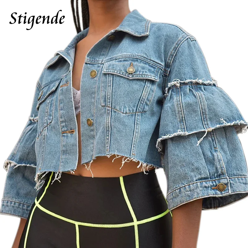 

Stigende Women Sexy Denim Jacket Coat Half Sleeve Turn Down Collar Crop Jeans Jacket Casual Button Pocket Jeans Coat