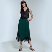 Ladyfirsy, повседневная женская юбка Za,, элегантная, зеленая, кружевная, офисная, тонкая, драпированная, сетка, вышивка, цветок, многослойная, длинная юбка для женщин