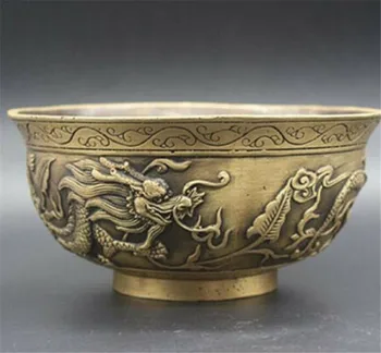 

Copper Statue Exquisite Chinese Old Brass Hand-Carved Zodiac Animal Dragons Bowl Craft Statue