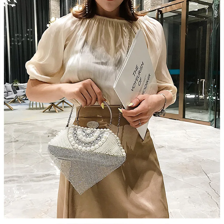 

Summer women's new 2019 fashion dinner bag personality innovation Pearl single shoulder diagonal texture chain bag