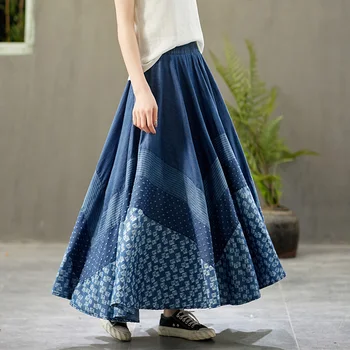 

Free Shipping 2020 New Long Maxi A-line Skirts Women Elastic Waist Spring And Summer Denim 100% Cortton Print Vintage Skirts