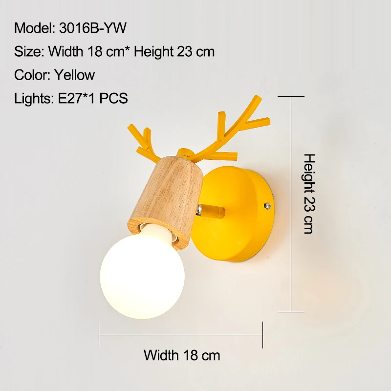 Регулируемый светодиодный настенный светильник в скандинавском стиле с цветными рогами оленя из мультфильма, бра для чтения в спальню, настенное освещение для детской комнаты E27 - Цвет абажура: 3016B yellow