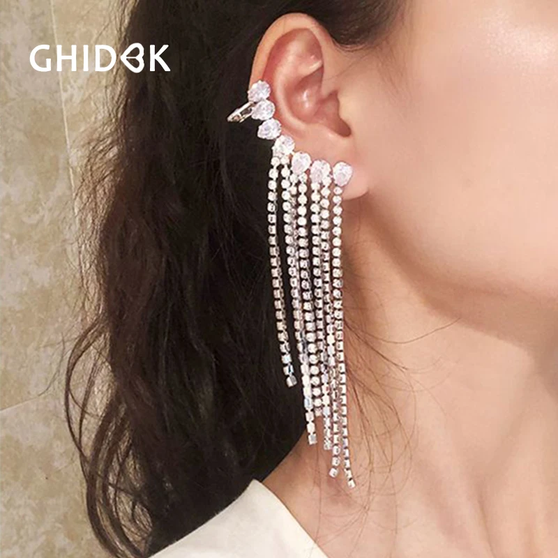GHIDBK Boho изысканные длинной кисточкой серьги-клаймберы нежные многослойные горный хрусталь серьги клипсы золотое покрытие свадебные серьги на зажимах Свадебные украшения подарки