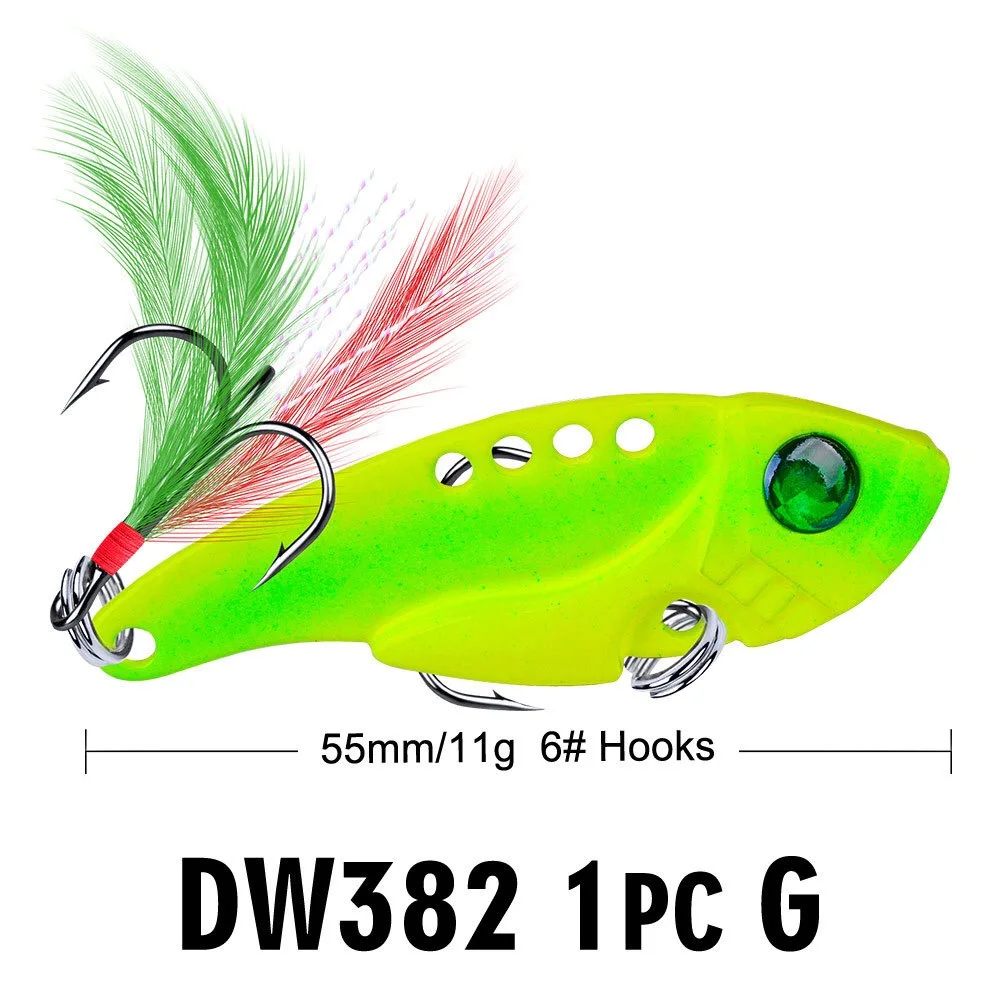 Evil 1pcs Metal VIB 11g/5.5cm Fishing Lure Vibration Spoon Hard Baits with Feather Crankbait Wobbler Swimbait Cicada VIB Tackle