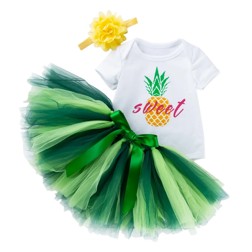 Summer Children's Wear Baby Short Sleeve Cartoon Clothes Climbing Clothing Mesh Handmade Skirt Head Wear Three Pieces Tutu Dress