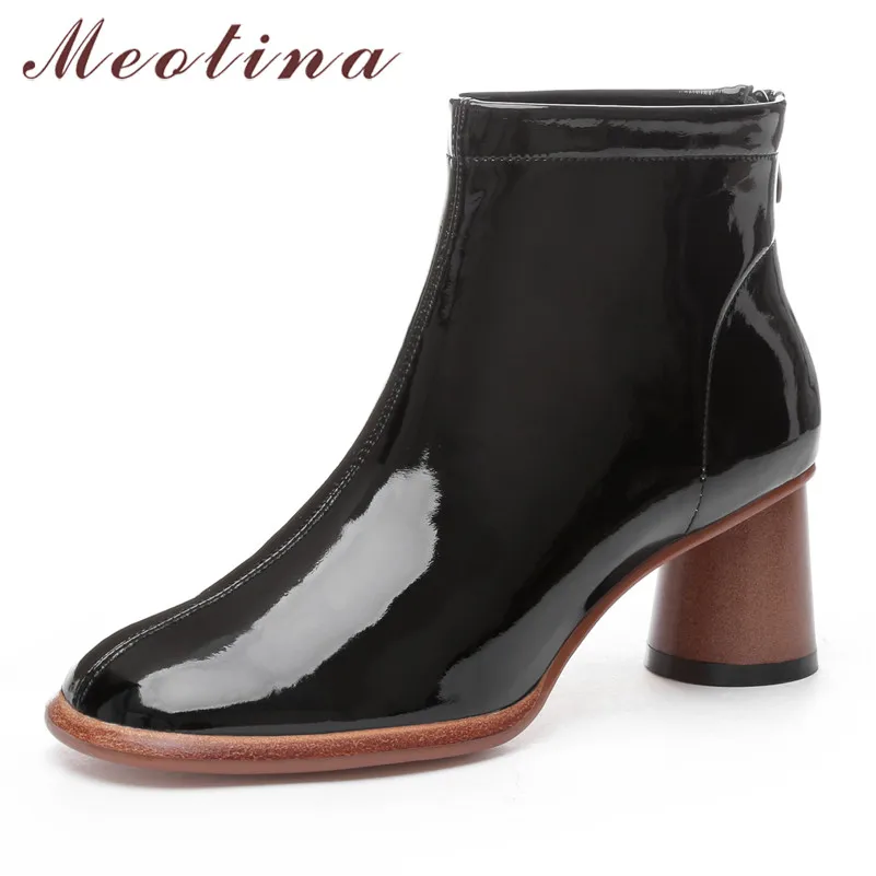 

Meotina Winter Ankle Boots Women Natural Genuine Leather Round High Heel Short Boots Cow Patent Leather Zipper Shoes Lady Autumn