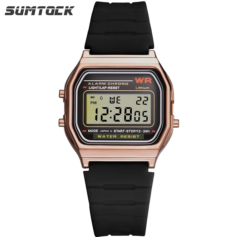 

SUMTOCK Rose Gold Men Digital Watch Square Simple Small Wrist Watch Male Watches Luminous Chronograph Alarm Date Clock 2019