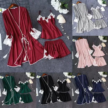

3PC Plus Size Pijama Lace Lingerie Womens Pyjamas Silk Mujer Robe Kigurumi Pizama Damska Sleepwear Nightdress Pajamas Set S-3XL