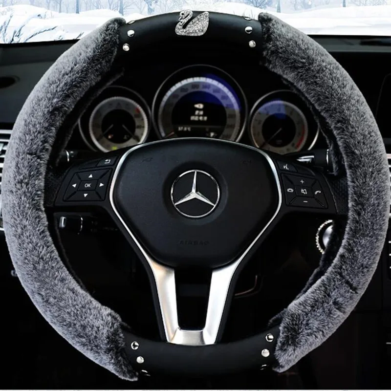 Gray Автомобильные принадлежности зимние короткие плюшевые теплые ручки Набор Алмазные мужские и женские короны заклепки плюшевые крышки рулевого колеса - Название цвета: Gray