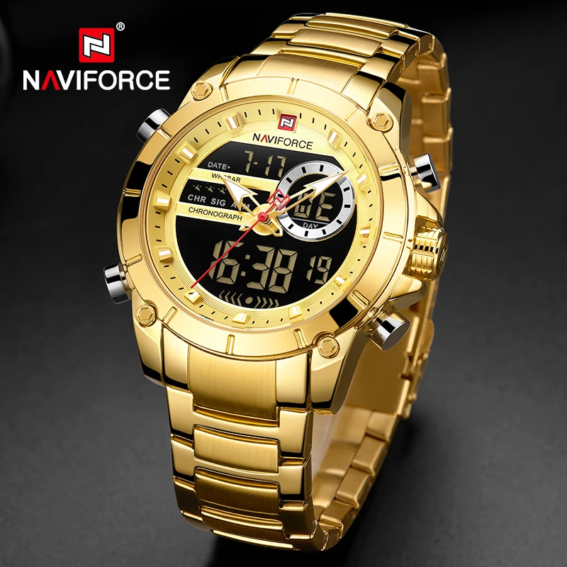 Mejor vendedor  NAVIFORCE-reloj analógico de acero inoxidable para hombre, accesorio de pulsera de cuarzo deportivo Digital con doble pantalla de lujo, color dorado, resistente al agua, 2021 8bWZwXgpLzj