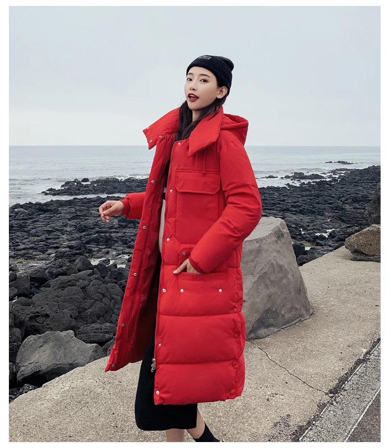Зимнее женское длинное пальто Новое утепленное теплое пальто с капюшоном повседневное тонкое женское пальто с карманами верхняя одежда куртки из синтепона