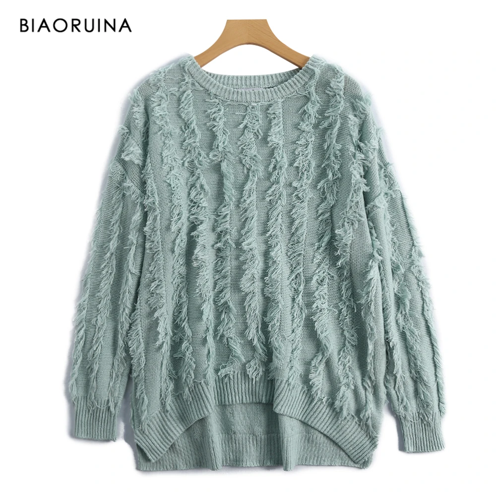 Koop BIAORUINA vrouwen Effen Kleur Mode Gebreide Trui met Kwasten Ronde Kraag Casual Loose All Match Pulllover Nieuwe Collectie