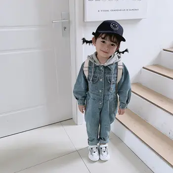 

Kids Rompers Children Clothing 2020 New Fall Denim Metal Buttons Jumpsuit Hat Detachable Jacket Rompers