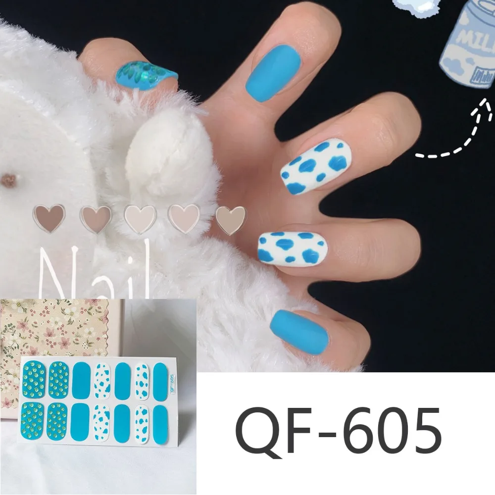 14tips/sheet Milk Heart Nail Wraps Polish Decals Strips Jump Cross Color Glitter 3D Adhesive Full Nail Art Stickers Matte Nails