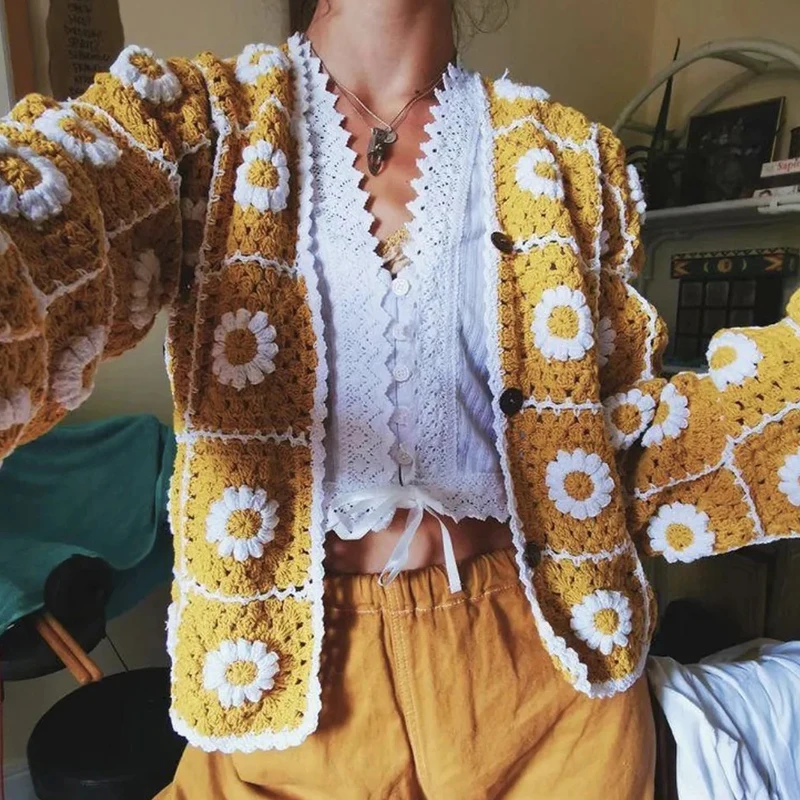 Foridol Sunflower Crochet Yellow Knitted Sweater Cardigans Women Spring  Autumn Casual Hollow Out Short Cardigan Harajuku - AliExpress